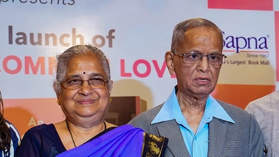 Infosys co-founder N.R. Narayana Murthy with wife Sudha Murty in Bengaluru. (PTI)
