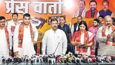 Sangeeta Kumari (second from right) left the RJD to join the BJP last week and secured the Mohania ticket for the upcoming polls (PTI) Sangeeta Kumari (second from right) left the RJD to join the BJP last week and secured the Mohania ticket for the upcoming polls (PTI)