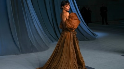 US actress Zoe Kravitz attends the Academy Museum Gala at the Academy Museum of Motion Pictures in Los Angeles. She wears a dramatic brown look.&nbsp; (AFP)