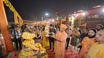 Uttar Pradesh chief minister Yogi Adityanath at the Deepotsav celebrations in Ayodhya on Sunday. (Deepak Gupta/HT Photo ) Uttar Pradesh chief minister Yogi Adityanath at the Deepotsav celebrations in Ayodhya on Sunday. (Deepak Gupta/HT Photo )
