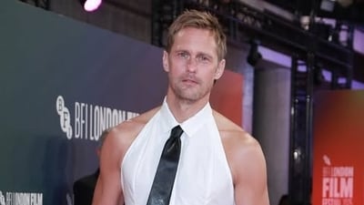 Alexander Skarsgård wore a backless halterneck shirt and leather pants at the BFI London Film Festival. (MTV UK / Facebook) Alexander Skarsgård wore a backless halterneck shirt and leather pants at the BFI London Film Festival. (MTV UK / Facebook)