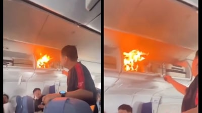 Cabin crew quickly brought the fire under control, and no injuries were reported. (Instagram/@cabin_crewlifestyle_) Cabin crew quickly brought the fire under control, and no injuries were reported. (Instagram/@cabin_crewlifestyle_)