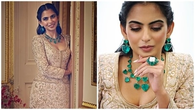 Isha Ambani dazzles in an Abu Jani Sandeep Khosla zardozi outfit with emerald jewels from Nita Ambani. Isha Ambani dazzles in an Abu Jani Sandeep Khosla zardozi outfit with emerald jewels from Nita Ambani.