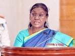 President Droupadi Murmu addressing Chiefs/Vice-Chiefs of Army participating in the Army Chiefs’ Conclave for United Nations Troop Contributing Countries, along with spouses, at Rashtrapati Bhavan, in New Delhi on Thursday. (@rashtrapatibhvnX/ANI Photo)