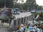 Garbage piles up along Daliganj Road in Lucknow on Sunday. (Mustaq Ali/HT Photo)
