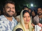 Patna: RJD leader Tejashwi Yadav, right, addresses the media after giving the party's membership slip to singer and actor Khesari Lal Yadav, right, and his wife Chanda, in Patna. Patna: RJD leader Tejashwi Yadav, right, addresses the media after giving the party's membership slip to singer and actor Khesari Lal Yadav, right, and his wife Chanda, in Patna.