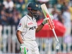 Pakistan's Shan Masood celebrates after scoring fifty during the first day of the second test cricket match between Pakistan and South Africa