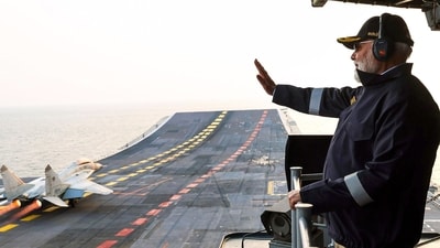 Goa, Oct 20 (ANI): Prime Minister Narendra Modi witnessing Air Power Demo on INS Vikrant, in Goa on Monday. (@narendramodi X/ANI Photo) (@narendramodi X) Goa, Oct 20 (ANI): Prime Minister Narendra Modi witnessing Air Power Demo on INS Vikrant, in Goa on Monday. (@narendramodi X/ANI Photo) (@narendramodi X)