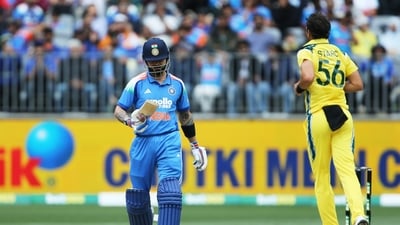 Virat Kohli was dismissed on a duck by Mitchell Starc in Perth. (AP) Virat Kohli was dismissed on a duck by Mitchell Starc in Perth. (AP)