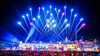 Ayodhya skies light up in bright shades on the eve of Deepawali, in Ayodhya on Sunday. (ANI)