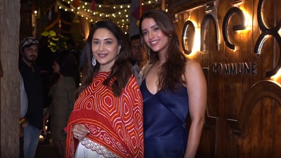 Madhuri Dixit and Triptii Dimri posed outside a restaurant in Mumbai. Madhuri Dixit and Triptii Dimri posed outside a restaurant in Mumbai.