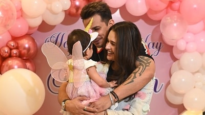 Prince Narula and Yuvika Chaudhary with their daughter Ekleen at her party. Prince Narula and Yuvika Chaudhary with their daughter Ekleen at her party.