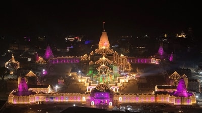 Ayodhya's Ram Temple stands illuminated with decorative lights as part of Diwali festival celebrations, in Ayodhya, Uttar Pradesh. (PTI)