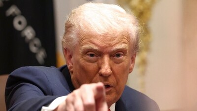 US President Donald Trump gestures during a meeting with Australia's Prime Minister Anthony Albanese in the Cabinet Room at the White House, in Washington, D.C., U.S. (REUTERS)