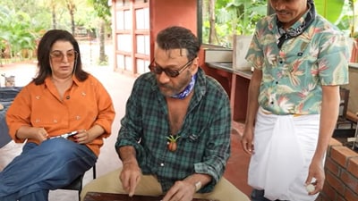Farah Khan, Jackie Shroff and Farah's cook Dilip in her latest cooking vlog. Farah Khan, Jackie Shroff and Farah's cook Dilip in her latest cooking vlog.
