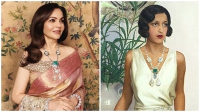For the recent Pink Ball in London, Nita Ambani wore an emerald and diamond sautoir, a homage to Maharani of Indore. For the recent Pink Ball in London, Nita Ambani wore an emerald and diamond sautoir, a homage to Maharani of Indore.
