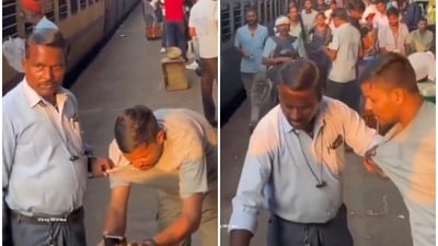 Samosa seller seen grabbing the passenger by his collar over a failed UPI payment. Samosa seller seen grabbing the passenger by his collar over a failed UPI payment.