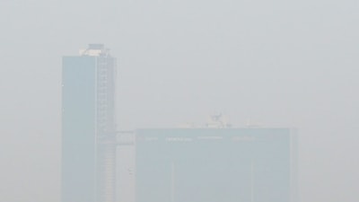 View of the skyscraper in Noida amid low visibility due to air pollution early in the morning, a day after Diwali. (Photo by Sunil Ghosh, HT) View of the skyscraper in Noida amid low visibility due to air pollution early in the morning, a day after Diwali. (Photo by Sunil Ghosh, HT)