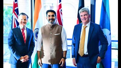 Andhra Pradesh IT minister Nara Lokesh with officials from the Australian trade delegation on Tuesday. (HT PHOTO) Andhra Pradesh IT minister Nara Lokesh with officials from the Australian trade delegation on Tuesday. (HT PHOTO)