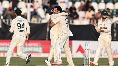 Asif Afridi strikes late on Day 2 of the second Test. (AFP) Asif Afridi strikes late on Day 2 of the second Test. (AFP)