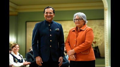 Dinesh Kumar Patnaik, High Commissioner for India, presents his credentials to Governor General Mary Simon during a Letters of Credence Ceremony at Rideau Hall in Ottawa, Canada, on Wednesday. (AP) Dinesh Kumar Patnaik, High Commissioner for India, presents his credentials to Governor General Mary Simon during a Letters of Credence Ceremony at Rideau Hall in Ottawa, Canada, on Wednesday. (AP)