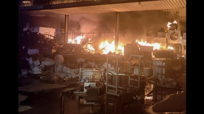Firefighters battled for hours across multiple sites on Diwali night, deploying over 20 tenders; officials confirmed no casualties. (HT Photo) Firefighters battled for hours across multiple sites on Diwali night, deploying over 20 tenders; officials confirmed no casualties. (HT Photo)