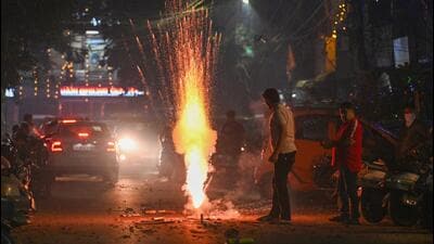 New Delhi, India - Oct. 31, 2024: People seen bursting crackers during diwali festival despite of the ban on burning it at Patel Nagar in New Delhi, India, on Thursday, October 31, 2024. (Photo by Sanchit Khanna/ Hindustan Times) (Hindustan Times)
