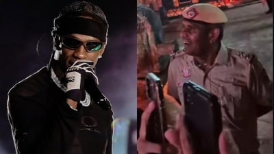 Travis Scott's performance left a policeman in Delhi standing with his mouth agape. Travis Scott's performance left a policeman in Delhi standing with his mouth agape.