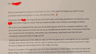 An 8-year-old’s letter to god asking for a dog receives an unexpected reply months later: Reddit post goes viral (Reddit/Normal-Ad2587) An 8-year-old’s letter to god asking for a dog receives an unexpected reply months later: Reddit post goes viral (Reddit/Normal-Ad2587)