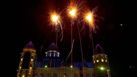 The night sky illuminated with firecrackers in Ludhiana on Diwali on Monday. Ludhiana recorded the worst AQI of 282 in Punjab on Tuesday morning. (Gurpreet Singh/HT)