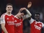 Arsenal's Viktor Gyokeres and Christian Norgaard celebrate after the match against Atletico Madrid. (Reuters) Arsenal's Viktor Gyokeres and Christian Norgaard celebrate after the match against Atletico Madrid. (Reuters)
