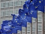FILE PHOTO: European Union flags flutter outside the EU Commission headquarters in Brussels, Belgium July 16, 2025. REUTERS/Yves Herman//File Photo