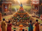 Govardhan Puja is a day devoted to remembering Lord Krishna’s divine act of lifting the Govardhan Parvat to protect the people of Vrindavan from heavy rains. (Image made using Gemini AI)