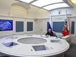 Russian President Vladimir Putin inspects a military exercise of the country's nuclear forces on land, sea and air to test their readiness and command structure, via a video link from Moscow, Russia, October 22, 2025. 