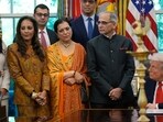 Indian ambassador to the US stands next to Trump at the Oval Office during Diwali celebrations Indian ambassador to the US stands next to Trump at the Oval Office during Diwali celebrations