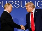 US President Donald Trump and Russian President Vladimir Putin shake hands during a press conference following their meeting to negotiate an end to the war in Ukraine, at Joint Base Elmendorf-Richardson, in Anchorage, Alaska, U.S., August 15, 2025.