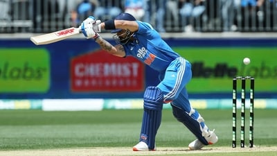 Virat Kohli plays and misses at a delivery outside the off-stump vs Australia. (AP)