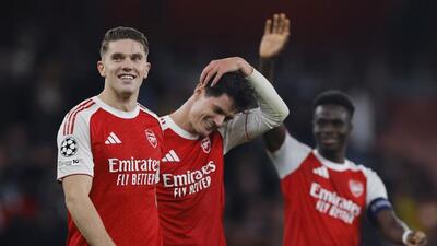 Arsenal's Viktor Gyokeres and Christian Norgaard celebrate after the match against Atletico Madrid. (Reuters) Arsenal's Viktor Gyokeres and Christian Norgaard celebrate after the match against Atletico Madrid. (Reuters)