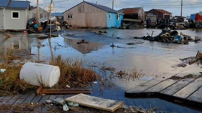 Damage is seen hours after flooding from the remnant storms of Typhoon Halong devastated Kipnuk, Alaska. (AP) Damage is seen hours after flooding from the remnant storms of Typhoon Halong devastated Kipnuk, Alaska. (AP)