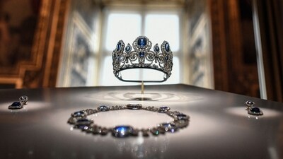 Sapphire tiara, necklace and earrings from the collection of Queen Marie-Amelie and Queen Hortense, which were stolen on Sunday, shortly after the museum reopened. (AFP) Sapphire tiara, necklace and earrings from the collection of Queen Marie-Amelie and Queen Hortense, which were stolen on Sunday, shortly after the museum reopened. (AFP)