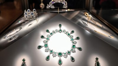 Necklace and earrings of the set of jewellery of Empress Marie-Louise displayed at Apollon's Gallery, which thieves stole in broad daylight on October 19, taking just seven minutes. (AFP) Necklace and earrings of the set of jewellery of Empress Marie-Louise displayed at Apollon's Gallery, which thieves stole in broad daylight on October 19, taking just seven minutes. (AFP)