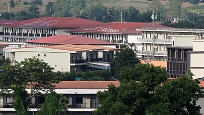 This photo taken on September 17, 2025 shows what appears to be Starlink satellite dishes on the roofs of buildings at the KK Park complex in Myanmar's eastern Myawaddy township. (AFP)