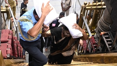 President Murmu climbing the stiars at the Lord Ayyappa temple in Sabarimala. President Murmu climbing the stiars at the Lord Ayyappa temple in Sabarimala.