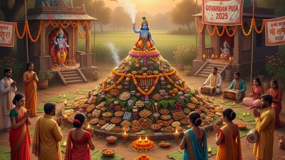 Govardhan Puja is a day devoted to remembering Lord Krishna’s divine act of lifting the Govardhan Parvat to protect the people of Vrindavan from heavy rains. (Image made using Gemini AI) Govardhan Puja is a day devoted to remembering Lord Krishna’s divine act of lifting the Govardhan Parvat to protect the people of Vrindavan from heavy rains. (Image made using Gemini AI)