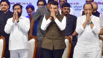 Maharashtra chief minister Devendra Fadnavis with deputy chief ministers Ajit Pawar and Eknath Shinde at a fucntion in Mumbai (PTI FILE PHOTO) Maharashtra chief minister Devendra Fadnavis with deputy chief ministers Ajit Pawar and Eknath Shinde at a fucntion in Mumbai (PTI FILE PHOTO)