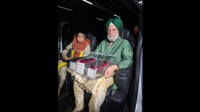 The ‘Jore Sahib’, comprising the footwear of Guru Gobind Singh and his wife, Mata Sahib Kaur, have been in the possession of the Union minister’s family for over 300 years. (HT)