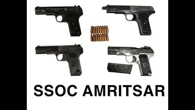 The State Special Operation Cell (SSOC), Amritsar, busted a cross-border smuggling network with the arrest of four key operatives and recovered four sophisticated .30 bore Star-mark pistols along with ammunition from their possession, said director general of police (DGP), Punjab, Gaurav Yadav, here on Wednesday. (HT Photo)