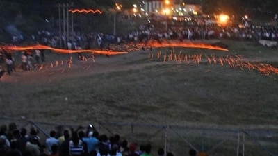 Hingot  is an age old tradition in the Gautampura village, about 55 kilometre north west of Indore city, when two communities attack each other with fireballs. (HT  File Photo)