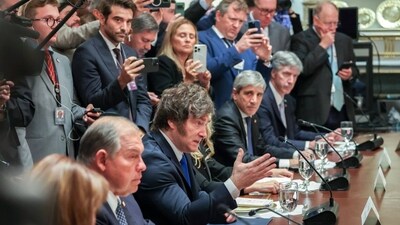 Argentine President Javier Milei speaking in a meeting in the White House last week. Argentine President Javier Milei speaking in a meeting in the White House last week.