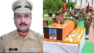 BSF Sub-Inspector Mohd Imteyaj, posthumously awarded the Vir Chakra for his bravery during Operation Sindoor. Right: Wreath-laying ceremony in honour of Constable Deepak Chingakham, his fellow gallant trooper. (X/@bsf_jammu) BSF Sub-Inspector Mohd Imteyaj, posthumously awarded the Vir Chakra for his bravery during Operation Sindoor. Right: Wreath-laying ceremony in honour of Constable Deepak Chingakham, his fellow gallant trooper. (X/@bsf_jammu)